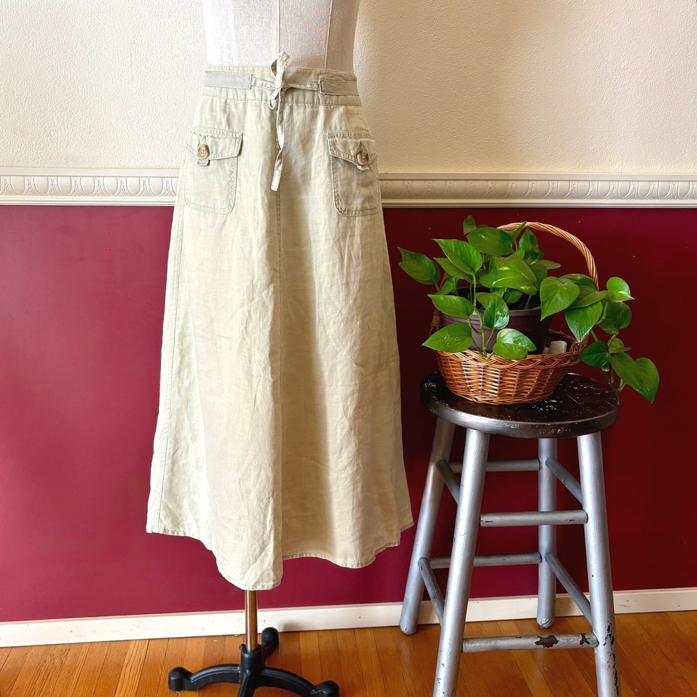 Vintage Cherokee Tan Linen Midi Skirt Pocket A-Line 6 Utility Coastal Neutral
